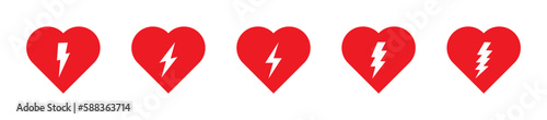 Heart with lightning bolt symbol flat vector icons.  AED  icon. Emergency defibrillator sign or icon. EPS 10  photo