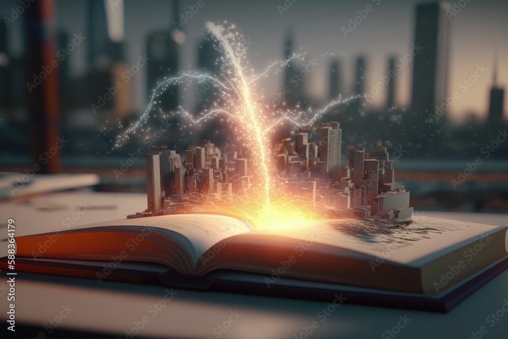 Megacity coming out of magical book created with Generative AI 