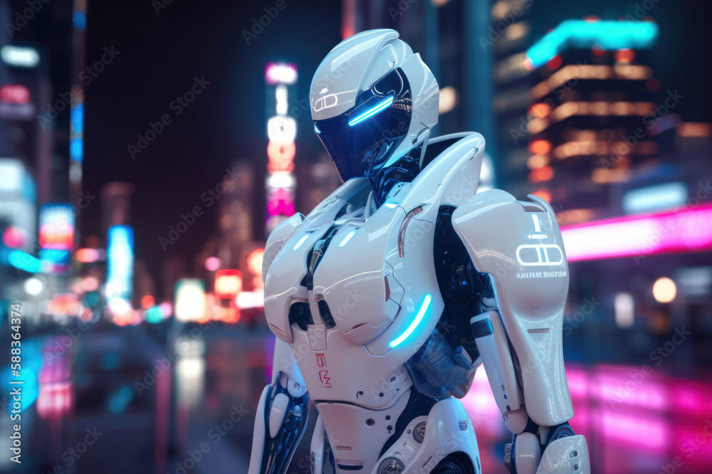 Fototapeta premium robot woman on blurred background using digital generative ai