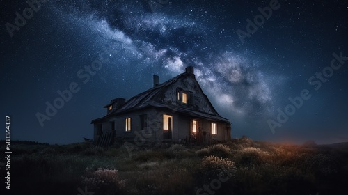 A housein the night sky is a Stunning Galaxy . Generative AI . © Rohit