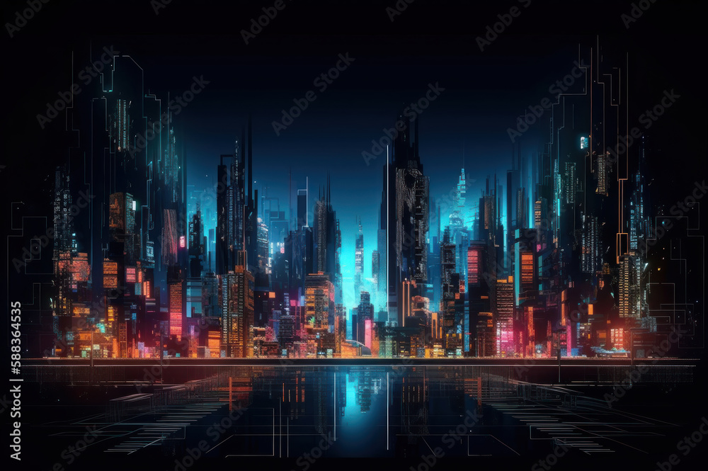 Fototapeta premium illustration urban architecture cityscape. Retrowave generative ai