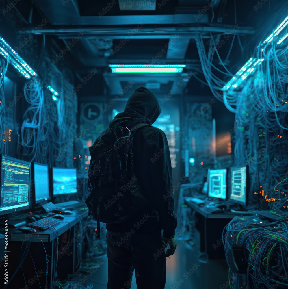 Shot from the Back to Hooded Hacker Breaking into Corporation generative ai