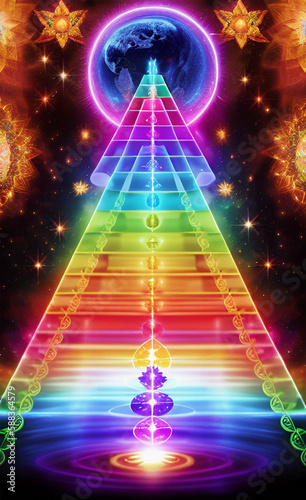 The image features a series of ascending steps made of vibrant  colorful energy  representing the path toward spiritual awakening.