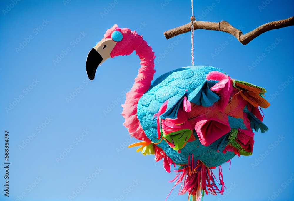 A colorful piñata in the shape of a flamingo, hanging from a tree