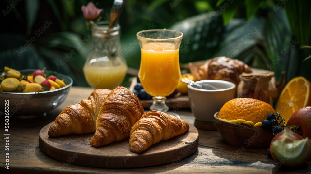 Morning breakfast, croissant served with Coffee on an table with pool background Morning breakfast, croissant served with Coffee on an table with pool background