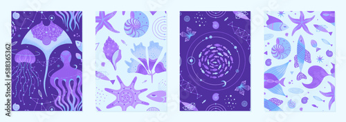 Set of vector illustrations of cosmic underwater creatures. Marine life decorated with constellations, stars, planets. Magic space sea designs for posters, notebook covers. Purple colors