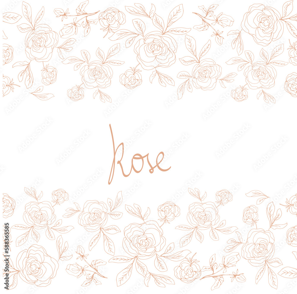 Fototapeta premium Delicate rose flower seamless boarder, line art hand drawn design for textile or other surface design