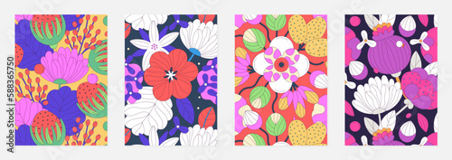 Set of vector covers with floral patterns of colorful abstract flowers with black stroke. Spring or summer designs for posters, notebook, planners. Pink, red, white, yellow colors