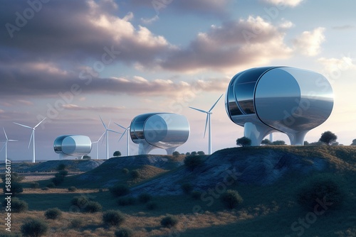 Futuristic Wind Turbine Farm Generating Clean Energy, Generative AI