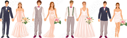 Wedding couples set, various dress styles, suits and accessories. Men and women holding hands, wedding ceremony day. Brides and grooms collection, isolated on a white background.