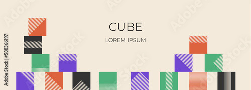 Brutalism design banner with simple cubes. Vector template for web, mail, border