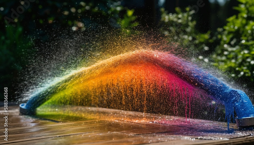 Multi colored water spraying, vibrant celebration fun generated by AI