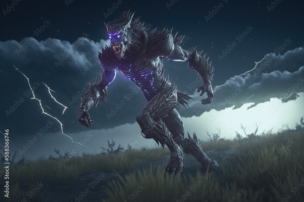 Fototapeta premium Wolf cyborg creature luminous purple created with Generative AI 