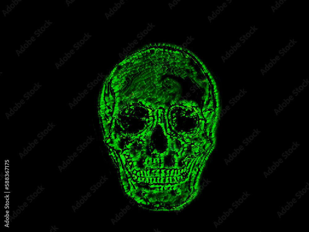 Human skull drawing illustration virtual green virus metaphor. Skull drawn with pencil pen and ink in green black background. Virus, cube attack, virtual cyber attack and internet security metaphor.