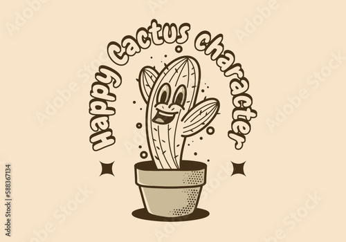 Mascot character illustration of cactus with a cheerful face in a pot