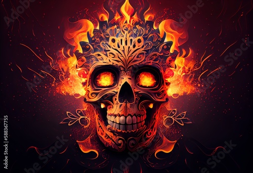 A sugar skull with a fire theme  viewed from the front on a fiery background. Generative AI