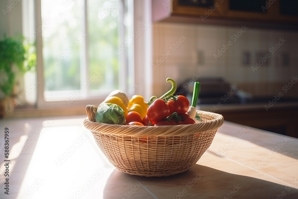 Basket with organic market fresh vegetables on kitchen table. Copy space in background. Generative AI Basket with organic market fresh vegetables on kitchen table. Copy space in background. Generative AI