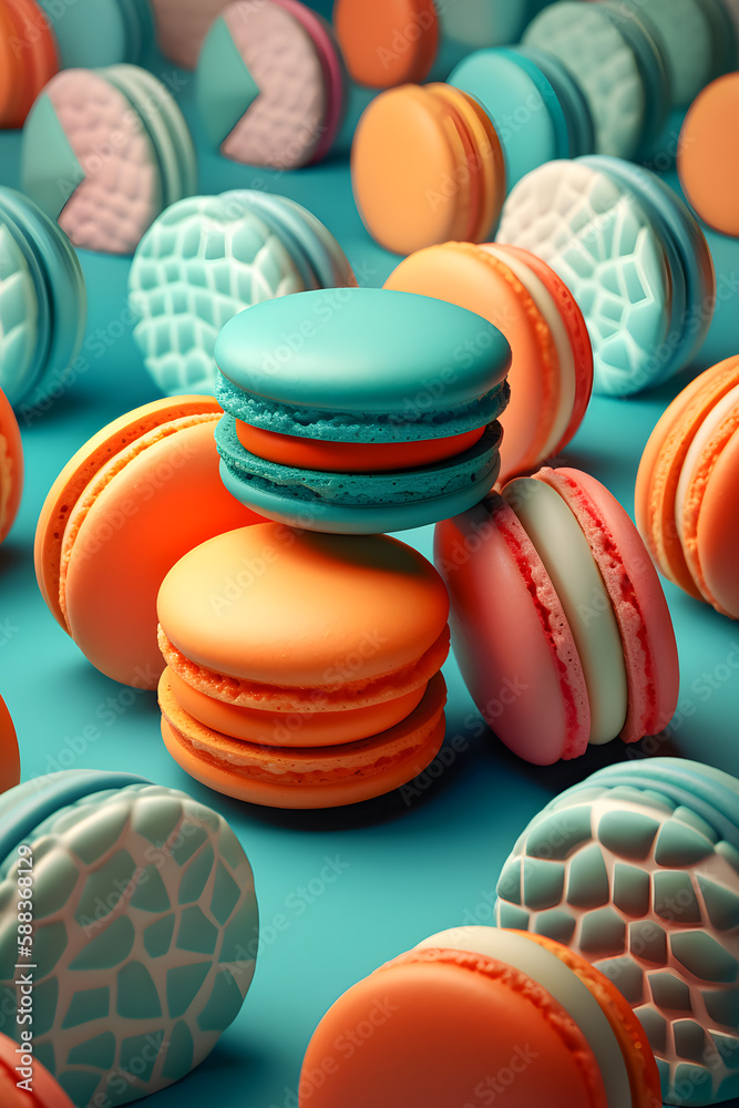 Obraz premium Abstract art. Colorful painting art of an exquisite plate of food. Tasty colorful french macaroons or french cookie macaron. Generative AI.