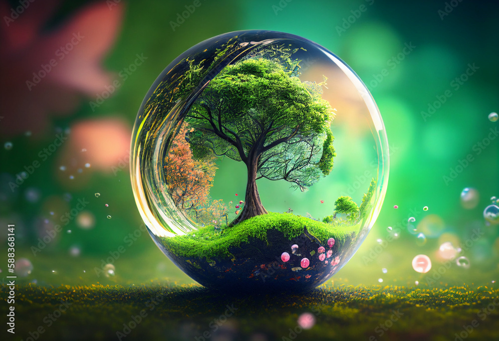 La nature dans une boule en verre, avec un arbre et de l'herbe