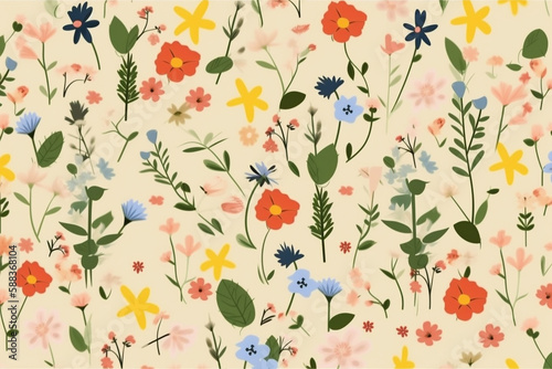 Ditsy pattern with flowers. Seamless wallpaper design or background. Generative Ai