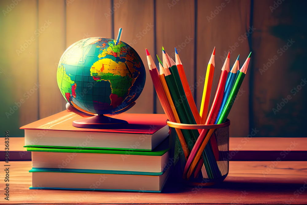 Books and school tools on a wooden shelf globe. Generative Ai