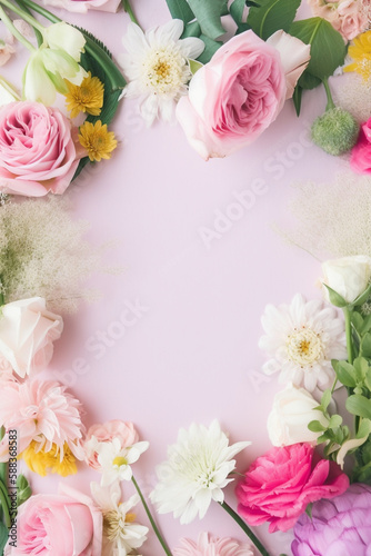 Fresh flowers background with copy space, celebration or Mothers Day concept. Generative Ai © marcin jucha