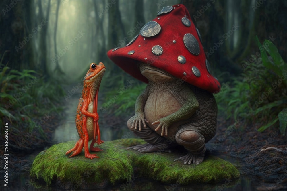 Gnome and flog in red hats. Fantasy creatures created with Generative AI 