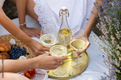 Group of happy girlfriends clinking wine glasses and proposing toast during summer picnic in the lavender field. Close up.