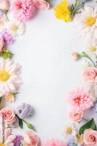 Mothers Day celebration card with fresh flowers. Copy space for text  flat lay design. Generative AI