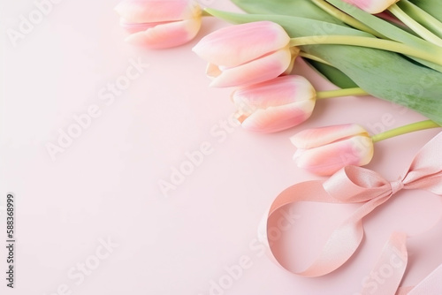 Fresh tulips flat lay border background with copy space for text. Mothers day or celebration card template. Generative AI