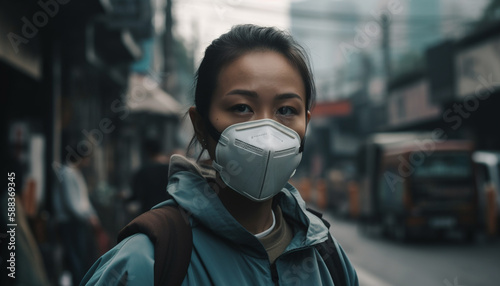 One serious woman in protective mask outdoors generated by AI