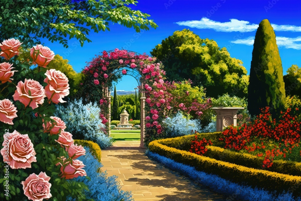 Flowering rose garden created with Generative AI 