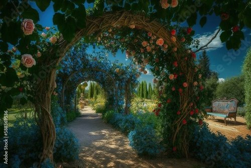 Flowering rose garden created with Generative AI 