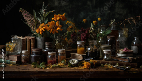 Herbal medicine in alchemy flask with leaf background generated by AI