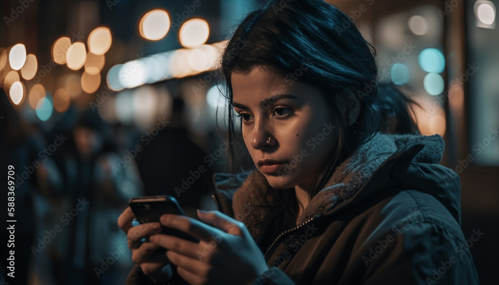 One young woman texting in city nightlife generated by AI