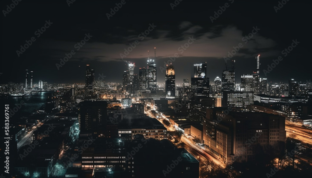 Night sky illuminated by modern cityscape lights generated by AI
