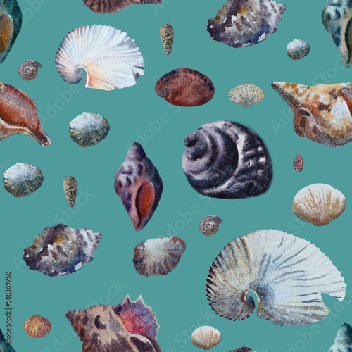 Harmonious shell pattern. Shell, repeated background texture. Free-nand. Vintage underwater fabric creation mode photo