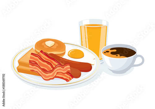 Traditional american breakfast vector illustration. Bacon, sausage, fried egg, toast bread, pancakes and coffee and orange juice icon vector isolated on a white background