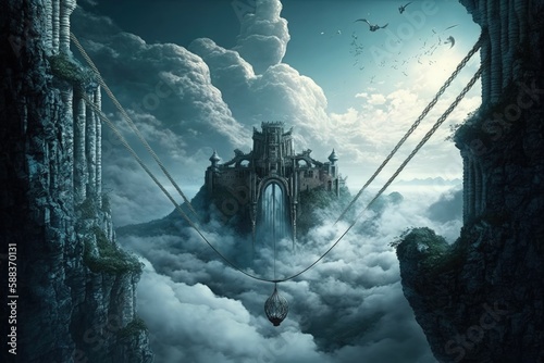 Fantasy citadel in the clouds with suspension bridge created with Generative AI 