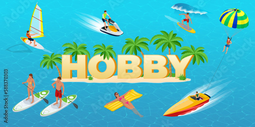 Isometric Hobby concept. Jet Ski, Sports. Surfer on Blue Ocean Wave. Fun in the ocean, Extreme Sport, water skiing. Active summer vacations with paddle board. Hobby Young People. © Golden Sikorka