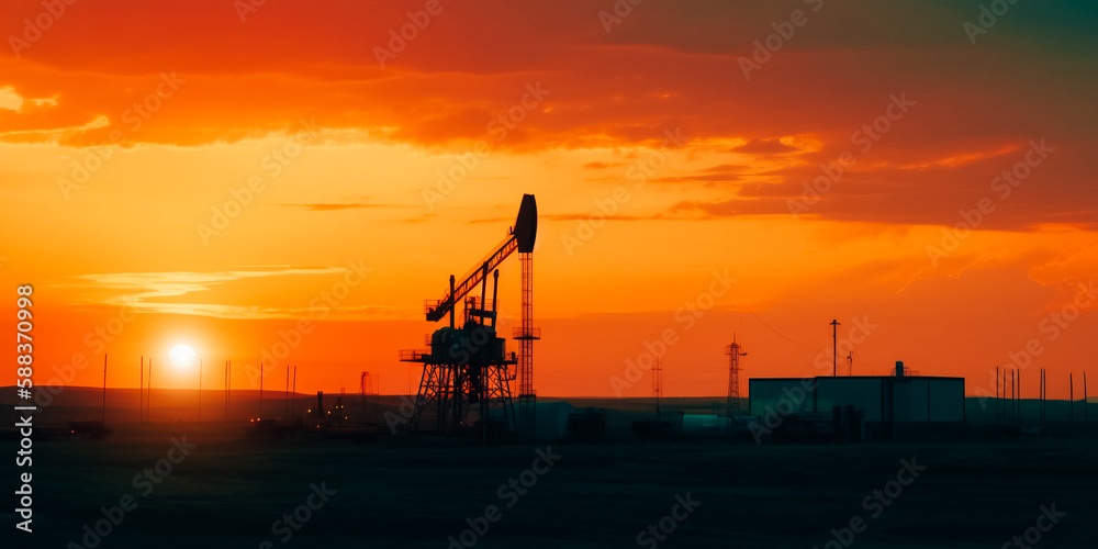 An oil field with rigs and pumps at sunset