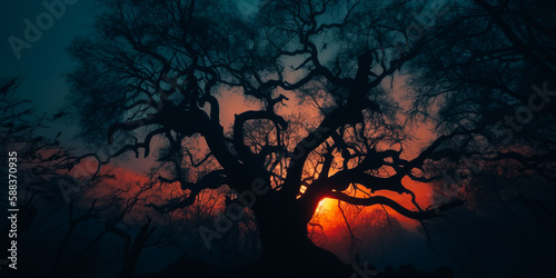 A scary creepy tree in the mountains. Twilight lighting
