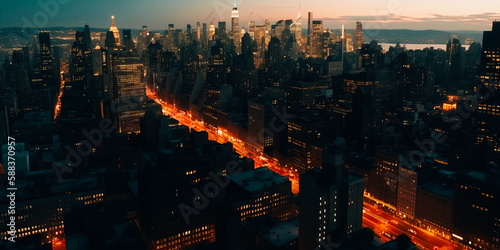 Aerial photography of night buildings from a bird s eye view. Evening twilight