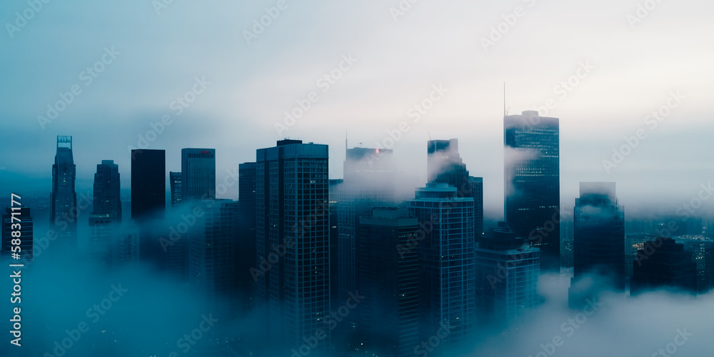 Obraz premium Business skyscrapers in the fog of the financial district and modern architecture. The concept of skyscrapers, fog and clouds