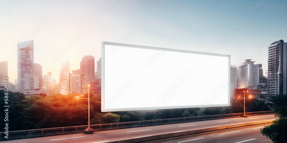 Clean white road billboard on the background of city landscape in the daytime. Outdoor advertising poster, mockup