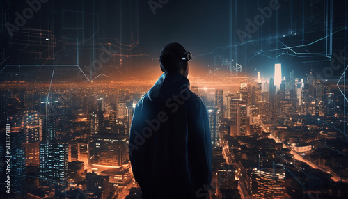 Standing businessman working on futuristic digital skyscraper design generated by AI