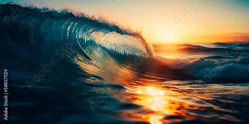 Blue ocean wave rising in the morning light