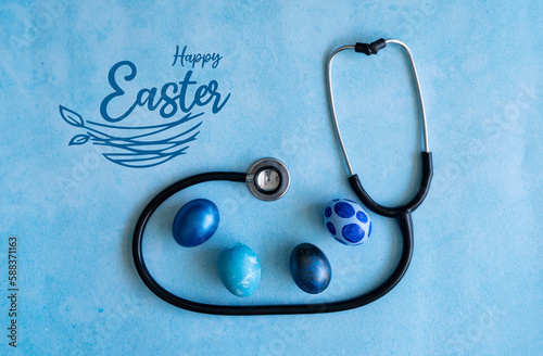  Happy Easter and Medical concept, stethoscope and easter eggs Selective focus photo