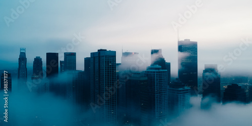 Business skyscrapers in the fog of the financial district and modern architecture. The concept of skyscrapers, fog and clouds