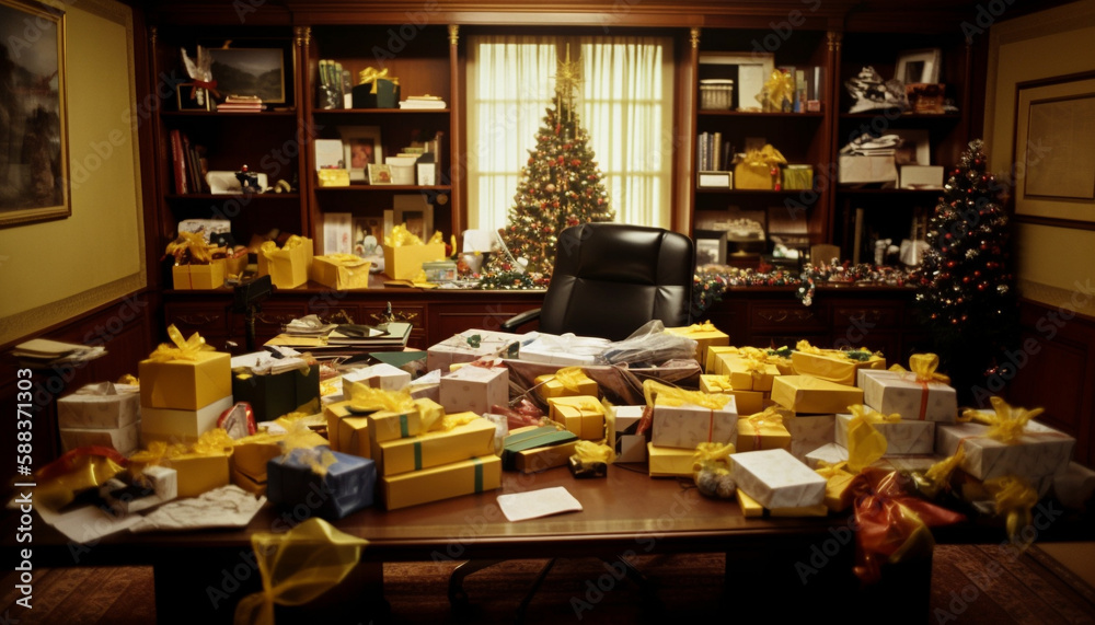Golden gift boxes stacked by decorated tree generated by AI